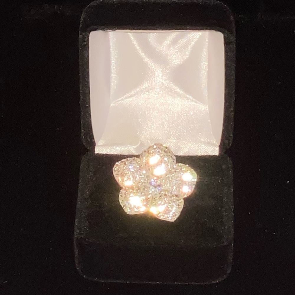 🎁 Sterling Silver Pavé Flower Ring 925 | Sparkly Rhinestone Size 7 🎁